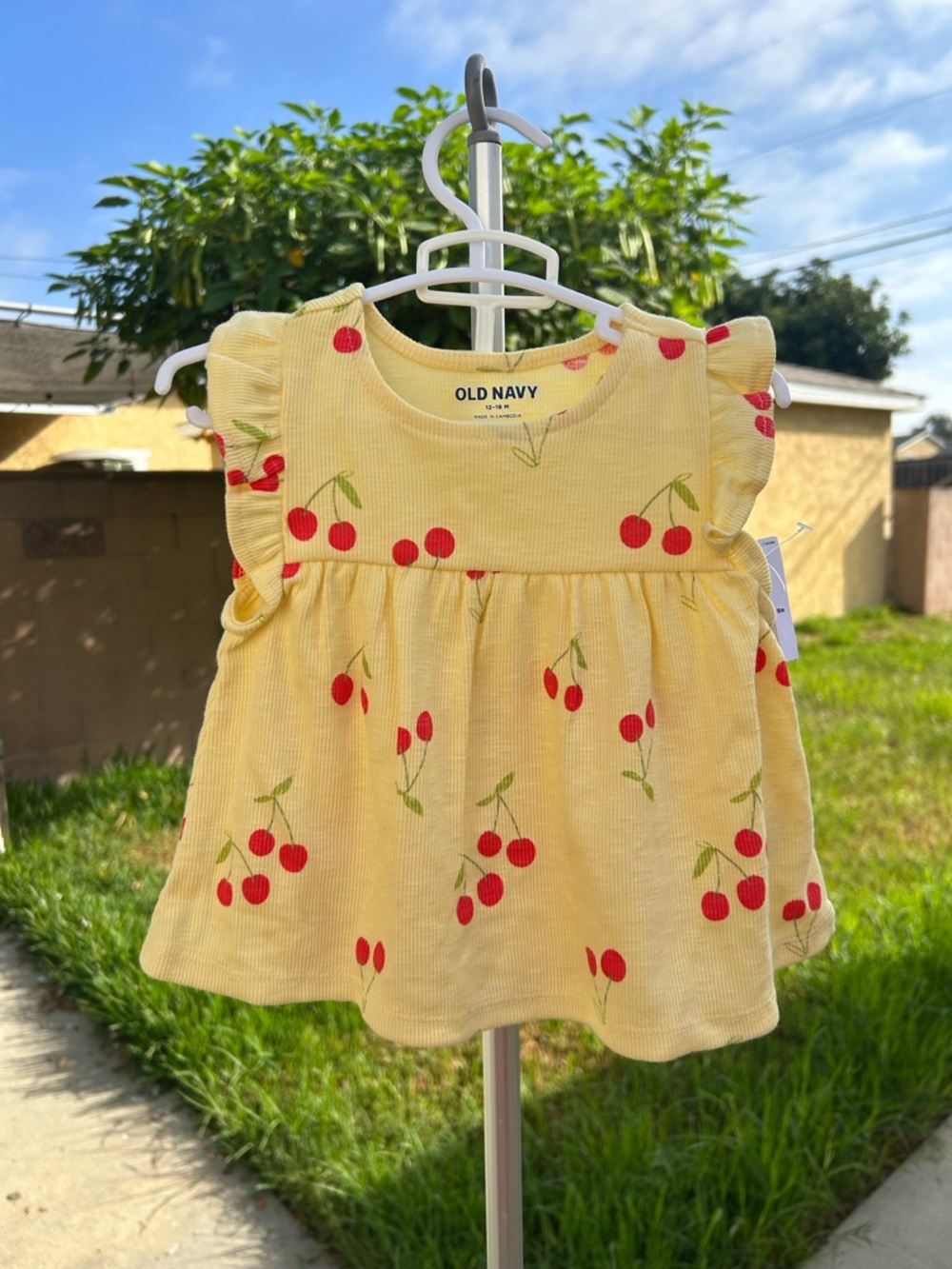 Old Navy Yellow Cherry Print Girls Ruffled Tank Top and matching bottoms